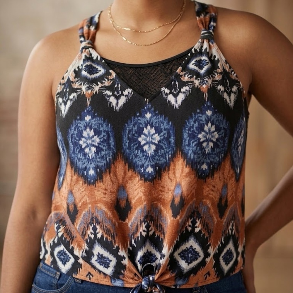 INC International Concepts Blue and Brown Printed Tie-Front Tank